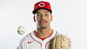 Feb 18, 2025; Goodyear, AZ, USA; Cincinnati Reds pitcher Chase Burns poses for a portrait during Media Day at the Cincinnati Reds Development Complex. Mandatory Credit: Mark J. Rebilas-Imagn Images