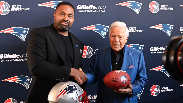 Jan 17, 2024; Foxborough, MA, USA; New England Patriots head coach Jerod Mayo (left) and owner