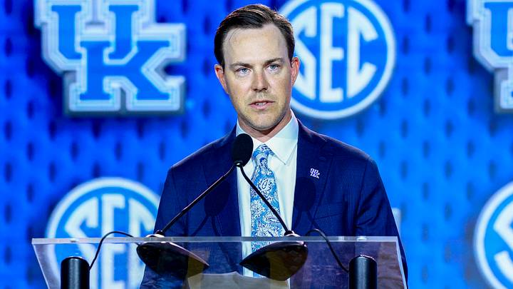 Jul 20, 2026; Tampa, FL, USA; Kentucky Wildcats head coach Will Stein speaks to the press during SEC Football Kickoff Media Day at the Tampa Marriott. Mandatory Credit: Nathan Ray Seebeck-Imagn Images
