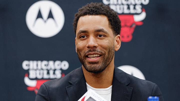 Jun 17, 2026; Chicago, Il, USA; Chicago Bulls Executive Vice President of Basketball Operations Bryson Graham introduces Chicago Bulls new head coach Tiago Splitter during a press conference at Advocate Center. Mandatory Credit: Kamil Krzaczynski-Imagn Images
