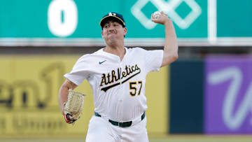 Aug 12, 2025; West Sacramento, California, USA; Athletics starting pitcher Jacob Lopez (57) throws a pitch during the first inning against the Tampa Bay Rays at Sutter Health Park. Mandatory Credit: Sergio Estrada-Imagn Images
