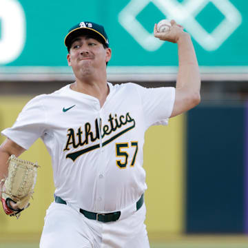 Aug 12, 2025; West Sacramento, California, USA; Athletics starting pitcher Jacob Lopez (57) throws a pitch during the first inning against the Tampa Bay Rays at Sutter Health Park. Mandatory Credit: Sergio Estrada-Imagn Images