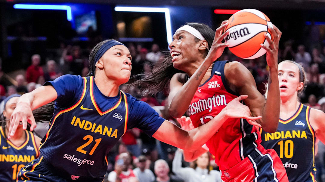 Indiana Fever Makayla Timpson (21) guards Washington Mystics Khadijiah Cave (13) on Saturday, May 3, 2025, during a preseason game between the Indiana Fever and the Washington Mystics at Gainbridge Fieldhouse in Indianapolis. The Indiana Fever defeated the Washington Mystics in overtime, 79-74.