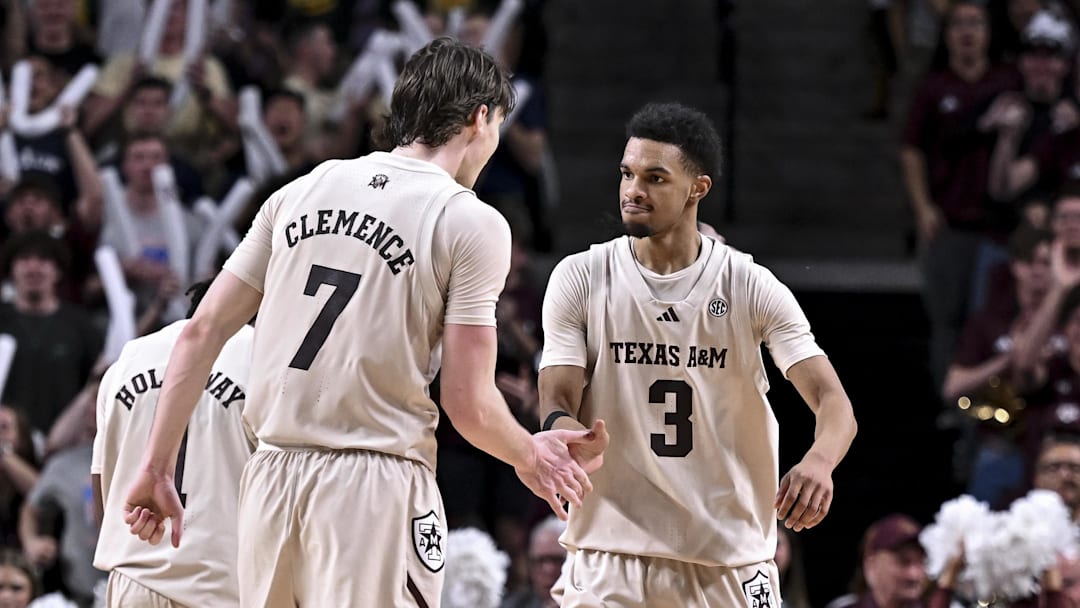 Feb 18, 2026; College Station, Texas, USA; Texas A&M Aggies guard Rylan Griffen (3) reacts during the second half against the Ole Miss Rebels at Reed Arena. Mandatory Credit: Maria Lysaker-Imagn Images 