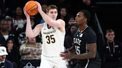 Carter Lang posts up during the Vanderbilt men's basketball game against Mississippi State.