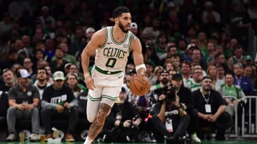 May 21, 2024; Boston, Massachusetts, USA; Boston Celtics forward Jayson Tatum (0) dribbles the ball against the Indiana Pacers during the second half for game one of the eastern conference finals for the 2024 NBA playoffs at TD Garden. Mandatory Credit: Bob DeChiara-USA TODAY Sports
