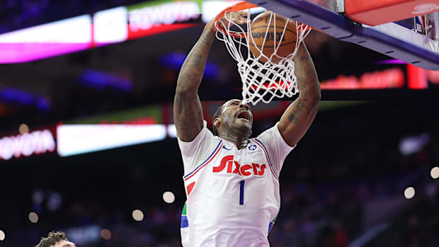 Andre Drummond dunks the ball.