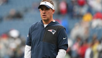Sep 7, 2025; Foxborough, Massachusetts, USA; New England offensive coordinator Josh McDaniels before the game against the Las Vegas Raiders at Gillette Stadium. Mandatory Credit: Bob DeChiara-Imagn Images
