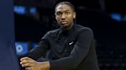 Jan 2, 2025; San Francisco, California, USA; Philadelphia 76ers guard Tyrese Maxey (0) warms up before a game against the Golden State Warriors at Chase Center. Mandatory Credit: John Hefti-Imagn Images