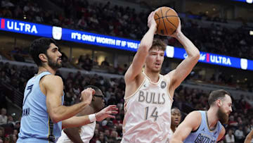 Nov 23, 2024; Chicago, Illinois, USA; Chicago Bulls forward Matas Buzelis (14) grabs a rebound