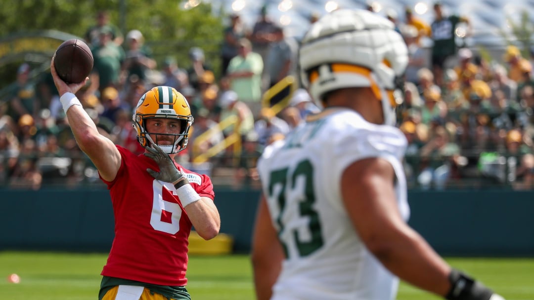 Green Bay Packers quarterback Sean Clifford passes the ball during the first day of training camp on Monday, July 22, 2024, at Ray Nitschke Field in Green Bay, Wis.