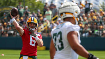 Green Bay Packers quarterback Sean Clifford passes the ball during the first day of training camp on Monday, July 22, 2024, at Ray Nitschke Field in Green Bay, Wis.