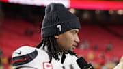 Dec 7, 2025; Kansas City, Missouri, USA; Houston Texans quarterback C.J. Stroud (7) is interviewed after the game against the Kansas City Chiefs at GEHA Field at Arrowhead Stadium. Mandatory Credit: Denny Medley-Imagn Images