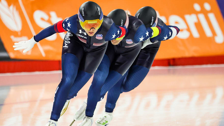 Team USA (Giorgia Birkeland, Brittany Bowe, Mia Manganello) compete in the women's team pursuit
