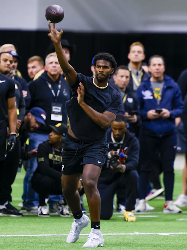 Apr 4, 2025; Boulder, CO, USA; Colorado Buffaloes quarterback Shedeur Sanders (2) passes the ball at the University of Colora