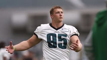 May 28, 2025; Philadelphia, PA, USA; Philadelphia Eagles defensive tackle Ty Robinson (95) warms up during OTAs at NovaCare Complex. Mandatory Credit: Bill Streicher-Imagn Images