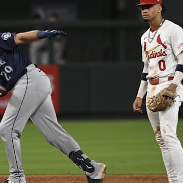 Seattle Mariners catcher Cal Raleigh (29) reacts after hitting a two-RBI double against the Seattle Mariners in the ninth inning at Busch Stadium on Sept 6.