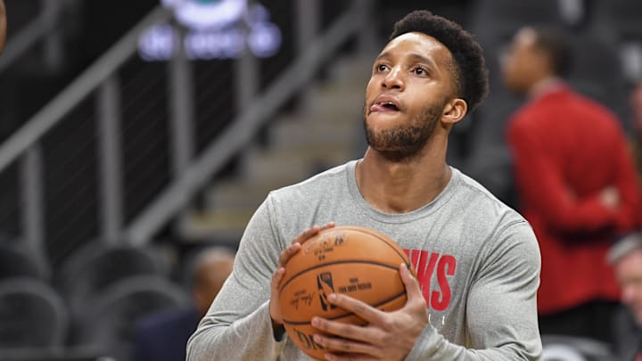 Feb 3, 2020; Atlanta, Georgia, USA; Atlanta Hawks guard Evan Turner (1) prepares to shoot before the game against the Boston Celtics at State Farm Arena. Mandatory Credit: Dale Zanine-Imagn Images