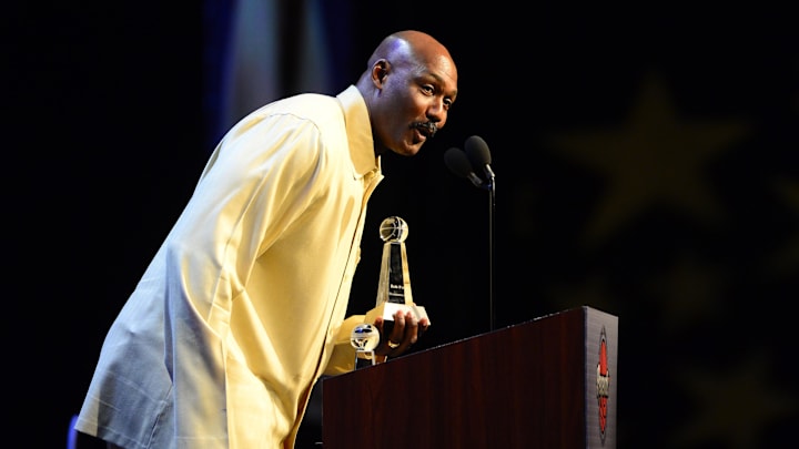 Feb 16, 2014; New Orleans, LA, USA; NBA legend Karl Malone speaks as he honored with the Community Service award during the 2014 NBA All-Star Game Legends Brunch at Ernest N. Morial Convention Center. Mandatory Credit: Bob Donnan-Imagn Images