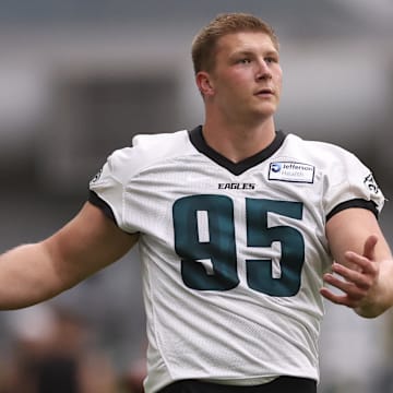 May 28, 2025; Philadelphia, PA, USA; Philadelphia Eagles defensive tackle Ty Robinson (95) warms up during OTAs at NovaCare Complex. 