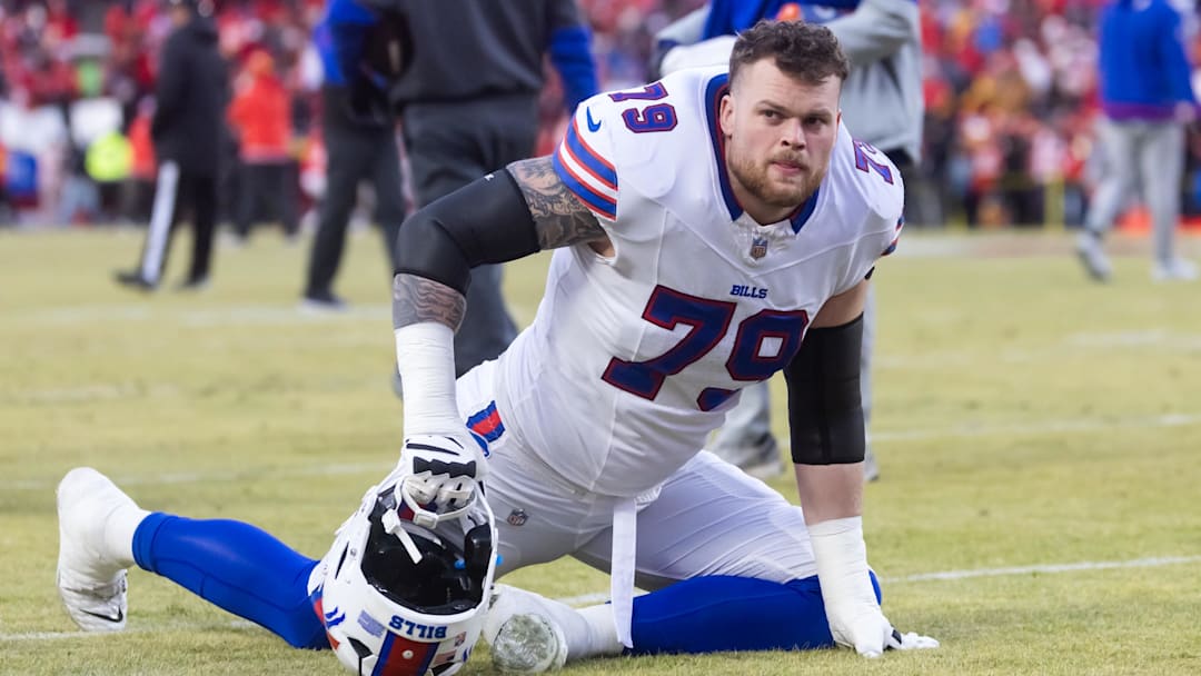 Jan 26, 2025; Kansas City, MO, USA; Buffalo Bills offensive tackle Spencer Brown (79) against the Kansas City Chiefs during the AFC Championship Game