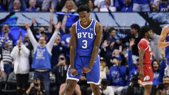 Jan 24, 2026; Provo, Utah, USA; BYU Cougars forward AJ Dybantsa (3) reacts during the second half against the Utah Utes at Marriott Center. Mandatory Credit: Aaron Baker-Imagn Images 