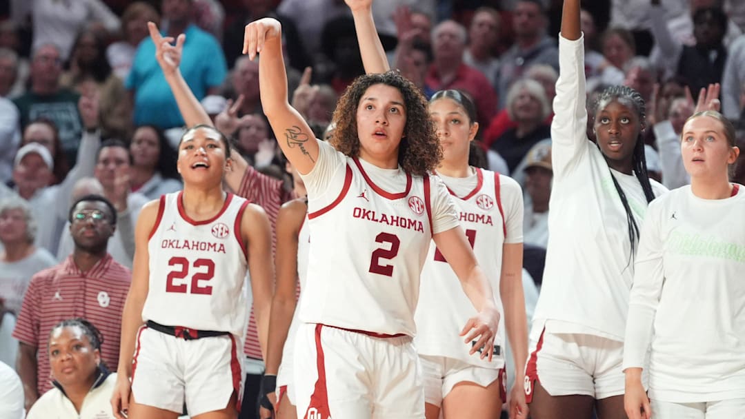 Aaliyah Chavez watches the ball as she hits a 3-pointer in Oklahoma's win over South Carolina.