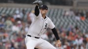 Aug 29, 2024; Detroit, Michigan, USA;  Detroit Tigers pitcher Joey Wentz (43) pitches in the sixth inning against the Los Angeles Angels at Comerica Park