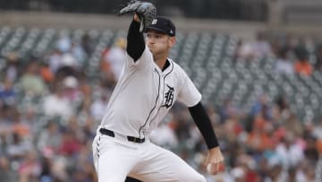 Aug 29, 2024; Detroit, Michigan, USA;  Detroit Tigers pitcher Joey Wentz (43) pitches in the sixth inning against the Los Angeles Angels at Comerica Park