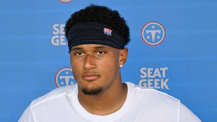 Jun 16, 2026; Nashville, TN, USA;  Tennessee Titans cornerback Alontae Taylor (24) talks with the media post practice during day 1 of mini-camp at Vanderbilt Health Football Center. Mandatory Credit: Steve Roberts-Imagn Images