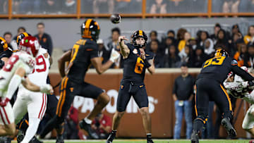 Nov 1, 2025; Knoxville, Tennessee, USA; Tennessee Volunteers quarterback Joey Aguilar (6) passes the ball against the Oklahoma Sooners during the second quarter at Neyland Stadium. Mandatory Credit: Randy Sartin-Imagn Images