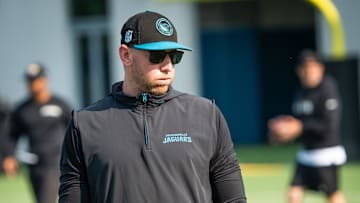 Jacksonville Jaguars head coach Liam Coen watches drills during the seventh organized team activity at the Miller Electric Center in Jacksonville, Fla. Monday, June 2, 2025. [Doug Engle/Florida Times-Union]