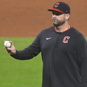 Sep 25, 2025; Cleveland, Ohio, USA; Cleveland Guardians manager Stephen Vogt (12) stands on the field during a pitching change in the ninth inning against the Detroit Tigers at Progressive Field. Mandatory Credit: David Richard-Imagn Images