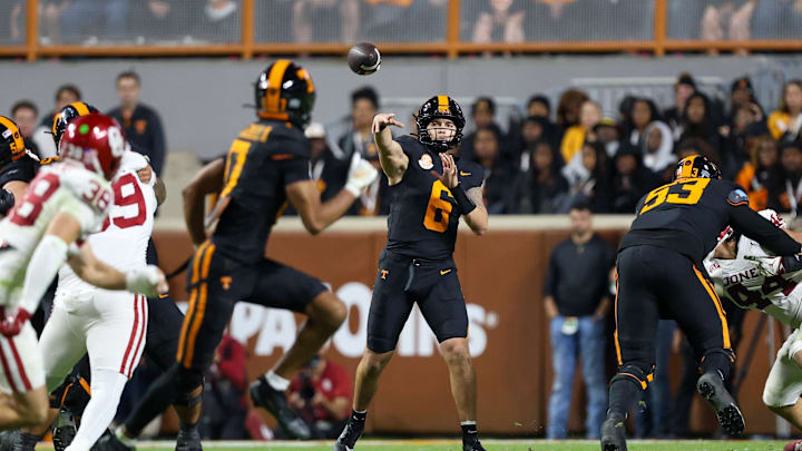Nov 1, 2025; Knoxville, Tennessee, USA; Tennessee Volunteers quarterback Joey Aguilar (6) passes the ball against the Oklahoma Sooners during the second quarter at Neyland Stadium. Mandatory Credit: Randy Sartin-Imagn Images