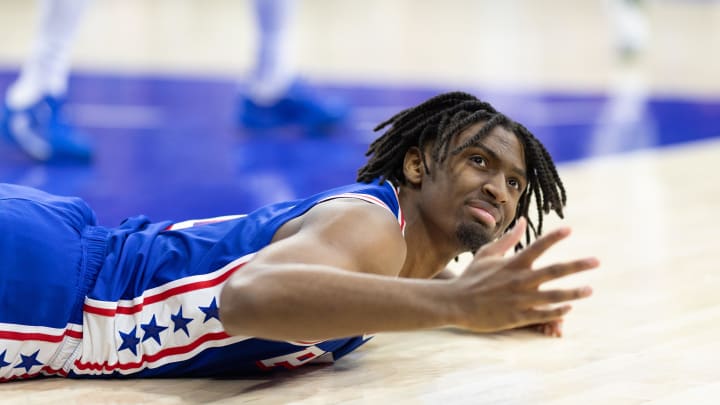 May 2, 2024; Philadelphia, Pennsylvania, USA; Philadelphia 76ers guard Tyrese Maxey (0) pleads for a foul call after a play against the New York Knicks during the second half of game six of the first round for the 2024 NBA playoffs at Wells Fargo Center. Mandatory Credit: Bill Streicher-USA TODAY Sports