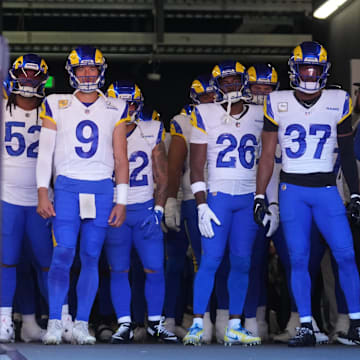 Nov 9, 2025; Santa Clara, California, USA; Los Angeles Rams quarterback Matthew Stafford (9) waits to lead the Los Angeles Rams onto the field prior to the game against the San Francisco 49ers at Levi's Stadium. Mandatory Credit: Cary Edmondson-Imagn Images