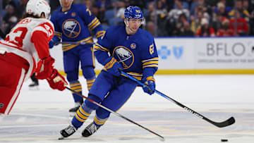 Dec 5, 2023; Buffalo, New York, USA;  Buffalo Sabres right wing Isak Rosen (63) skates up ice with the puck during the second period against the Detroit Red Wings at KeyBank Center. Mandatory Credit: Timothy T. Ludwig-Imagn Images