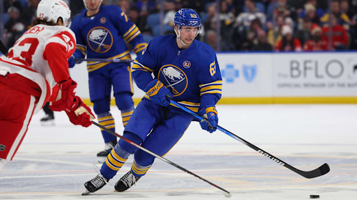 Dec 5, 2023; Buffalo, New York, USA;  Buffalo Sabres right wing Isak Rosen (63) skates up ice with the puck during the second period against the Detroit Red Wings at KeyBank Center. Mandatory Credit: Timothy T. Ludwig-Imagn Images