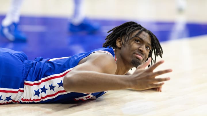 May 2, 2024; Philadelphia, Pennsylvania, USA; Philadelphia 76ers guard Tyrese Maxey (0) pleads for a foul call after a play against the New York Knicks during the second half of game six of the first round for the 2024 NBA playoffs at Wells Fargo Center. Mandatory Credit: Bill Streicher-USA TODAY Sports