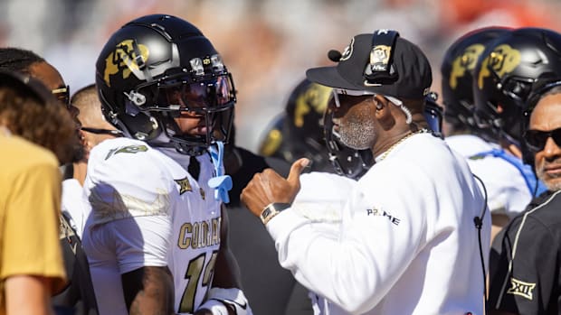 University of Colorado head coach Deion Sanders and wide receiver/cornerback Travis Hunter
