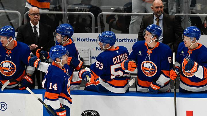 Apr 14, 2026; Elmont, New York, USA;  New York Islanders center Bo Horvat (14) celebrates his goal against the Carolina Hurricanes during the second period at UBS Arena. Mandatory Credit: Dennis Schneidler-Imagn Images