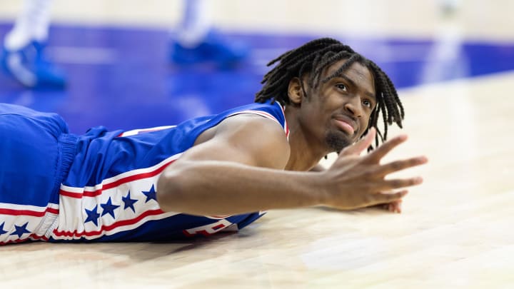 May 2, 2024; Philadelphia, Pennsylvania, USA; Philadelphia 76ers guard Tyrese Maxey (0) pleads for a foul call after a play against the New York Knicks during the second half of game six of the first round for the 2024 NBA playoffs at Wells Fargo Center. Mandatory Credit: Bill Streicher-USA TODAY Sports