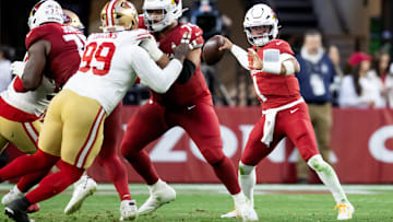 Jan 5, 2025; Glendale, Arizona, USA; Arizona Cardinals quarterback Kyler Murray (1) against the San Francisco 49ers in the second half at State Farm Stadium. Mandatory Credit: Mark J. Rebilas-Imagn Images