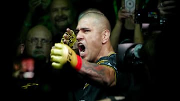 Oct 5, 2024; Salt Lake City, Utah, USA; Alex Pereira (red gloves) before a light heavyweight title bout against Khalil Rountree Jr. (not pictured) during UFC 307 at Delta Center. Mandatory Credit: Stephen R. Sylvanie-Imagn Images