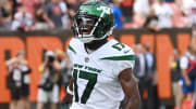 Sep 18, 2022; Cleveland, Ohio, USA; New York Jets wide receiver Garrett Wilson (17) celebrates after catching a touchdown during the fourth quarter against the Cleveland Browns at FirstEnergy Stadium.