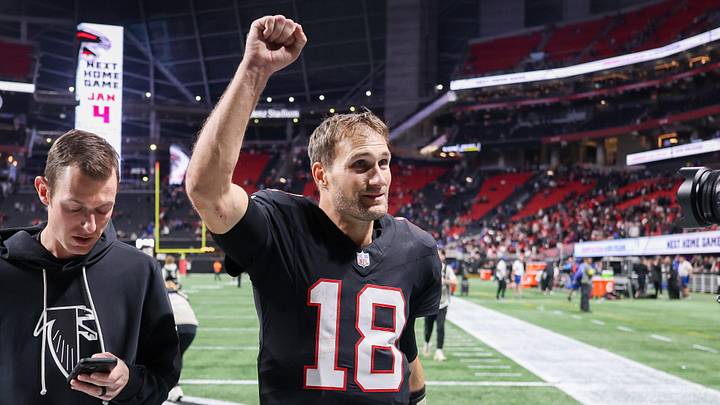 Atlanta Falcons quarterback Kirk Cousins celebrates after a victory over the Los Angeles Rams at Mercedes-Benz Stadium.