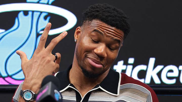 Miami Heat forward Giannis Antetokounmpo (7) reacts (Mandatory Credit: Sam Navarro-Imagn Images)