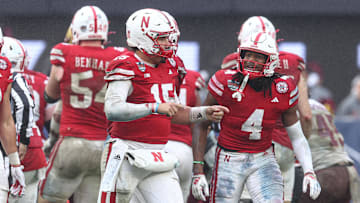 Nebraska quarterback Dylan Raiola (15) reacts during the second half of the 2024 Pinstripe Bowl.