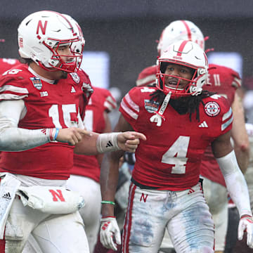 Nebraska quarterback Dylan Raiola (15) reacts during the second half of the 2024 Pinstripe Bowl.
