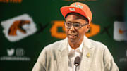 Heisman trophy winner and former NBA player Charlie Ward speaks at an introductory press conference as the new head basketball coach for FAMU at the Al Lawson Multipurpose Center Monday, April 21, 2025.